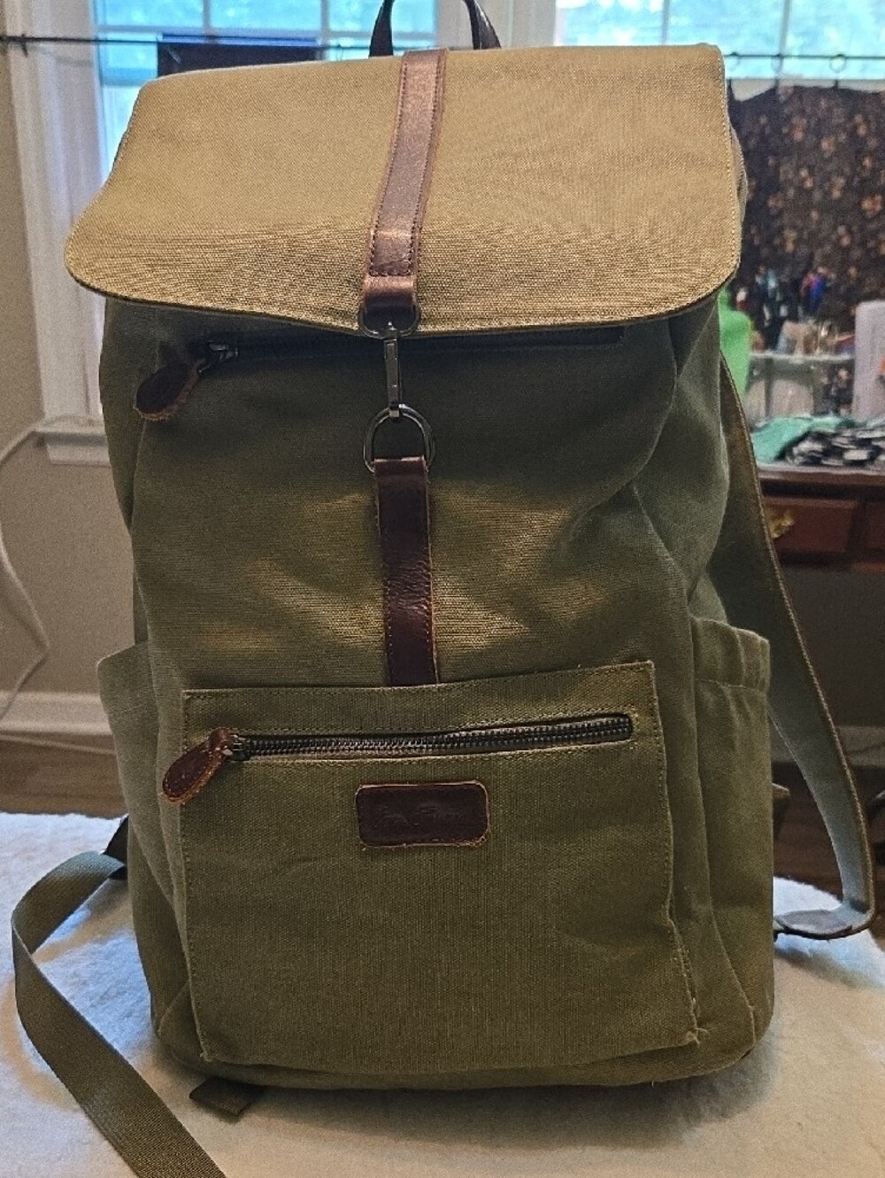 Ever Forward Green Canvas Back Pack Bag with Leather Accent